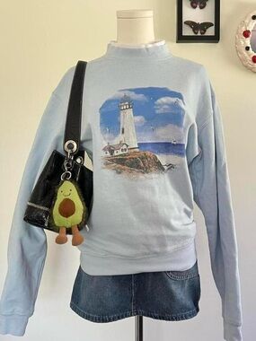 Vintage Coastal Lighthouse Graphic Crewneck Sweater - Light Blue